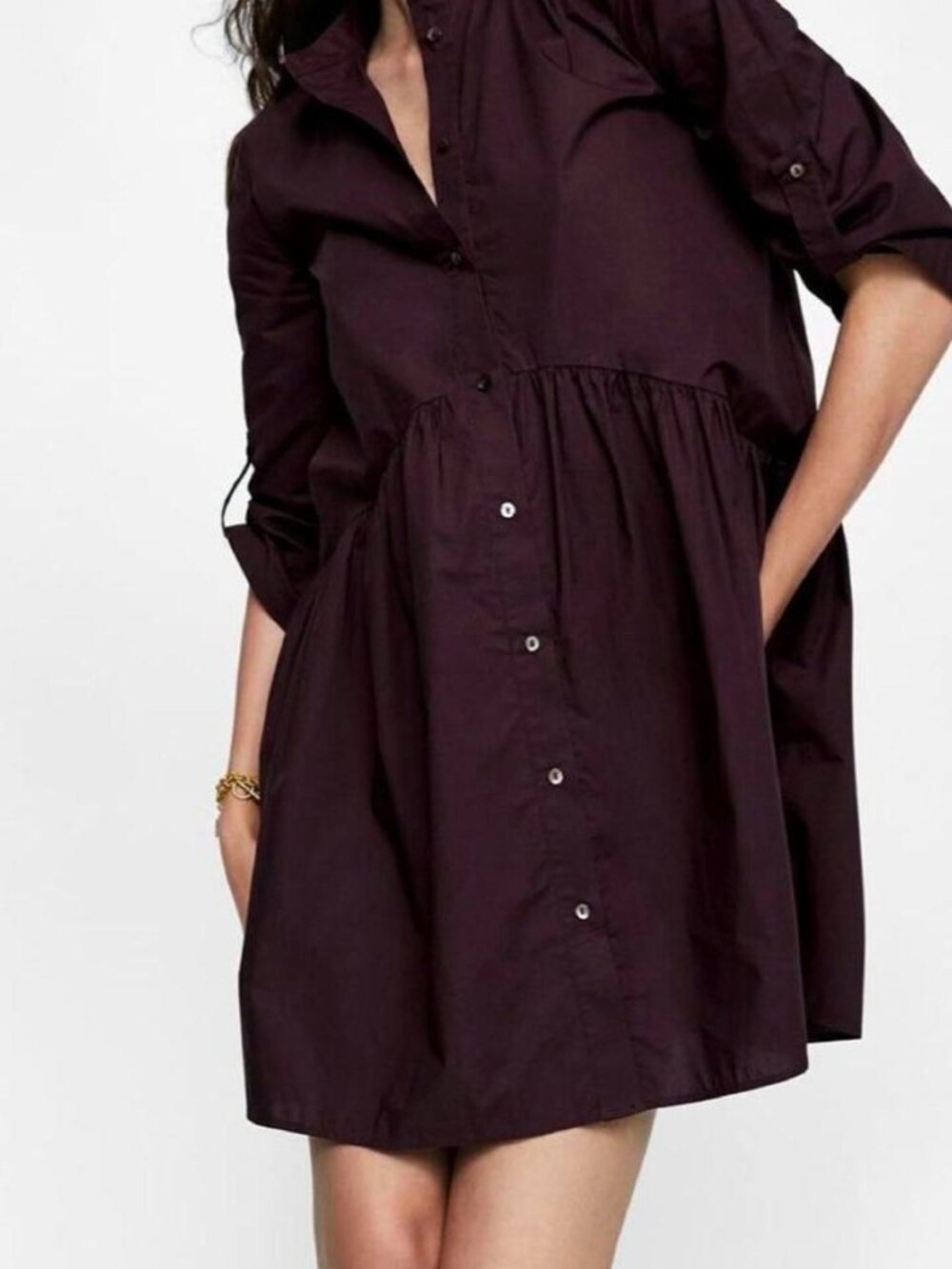 Burgundy mini dress with button-up front and 3/4 sleeves